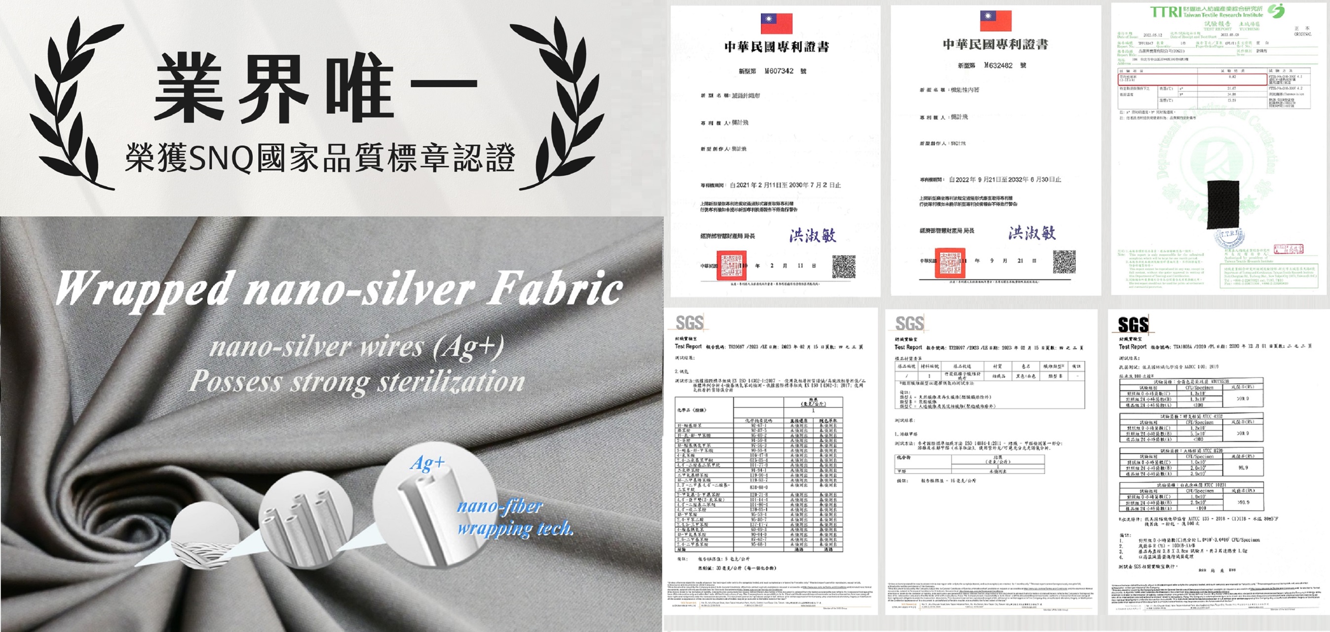 中華民國抗菌針織布專利證號M607342、第三方國際公正檢驗單位檢測報告